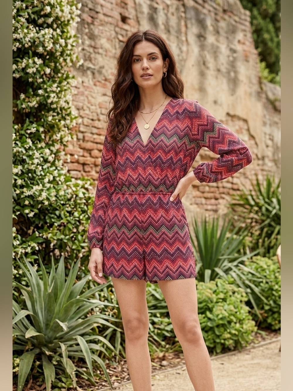 Jessica Simpson Red Chevron V-Neck Long-Sleeve Romper